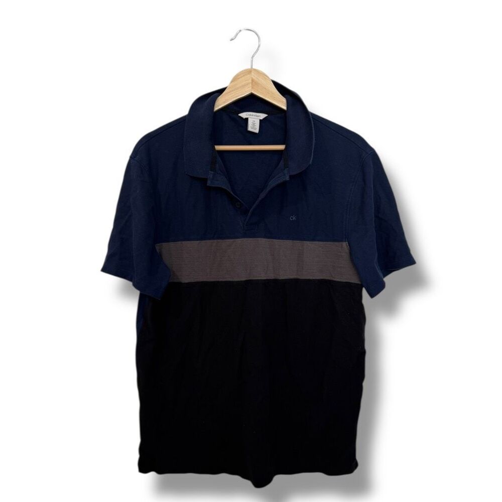 Calvin Klein Polo Shirt Mens L Navy Gray Black Colorblock Short Sleeve